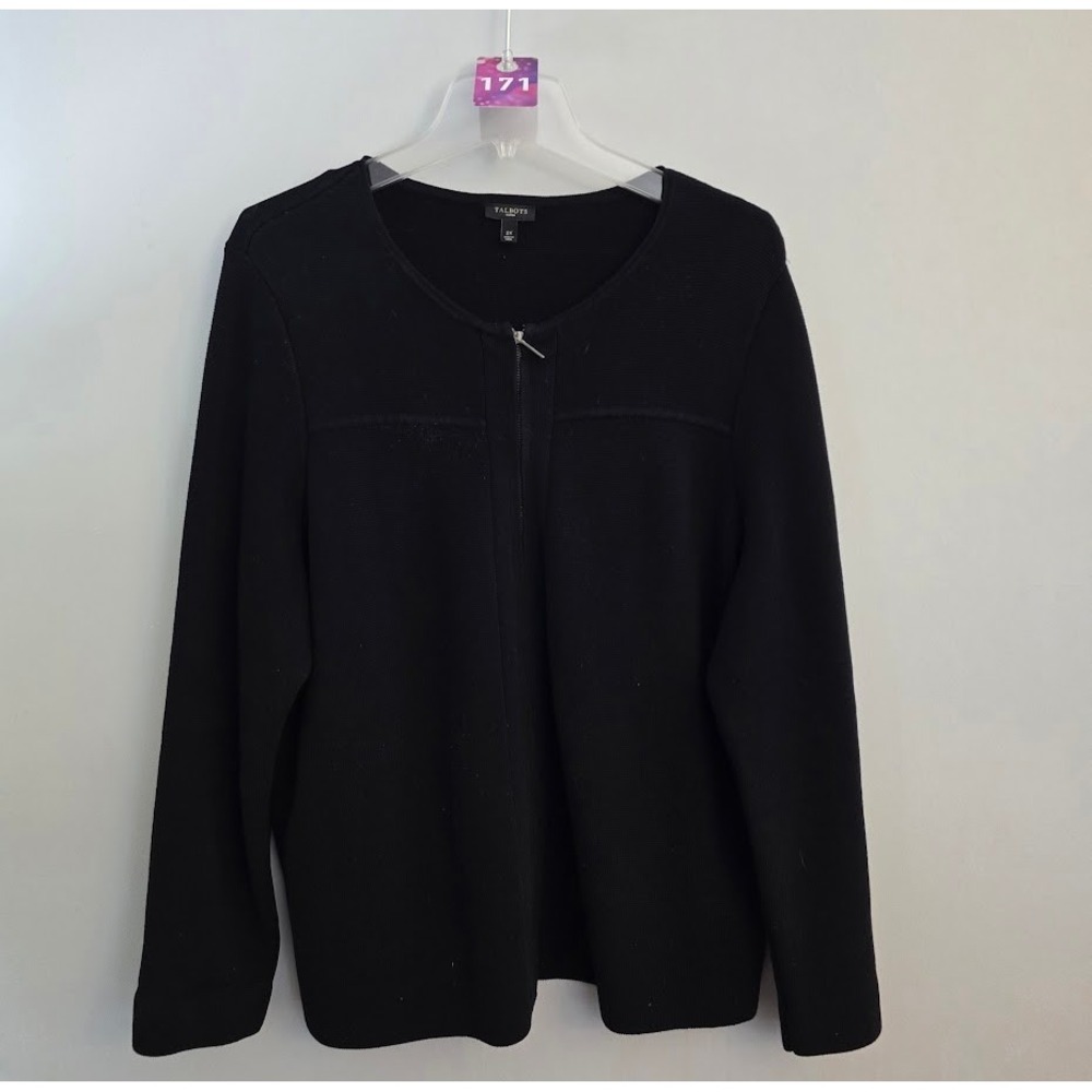 Talbots Woman Cardigan Black Full Zip Ribbed Knit Sweater Office Plus Size 2X